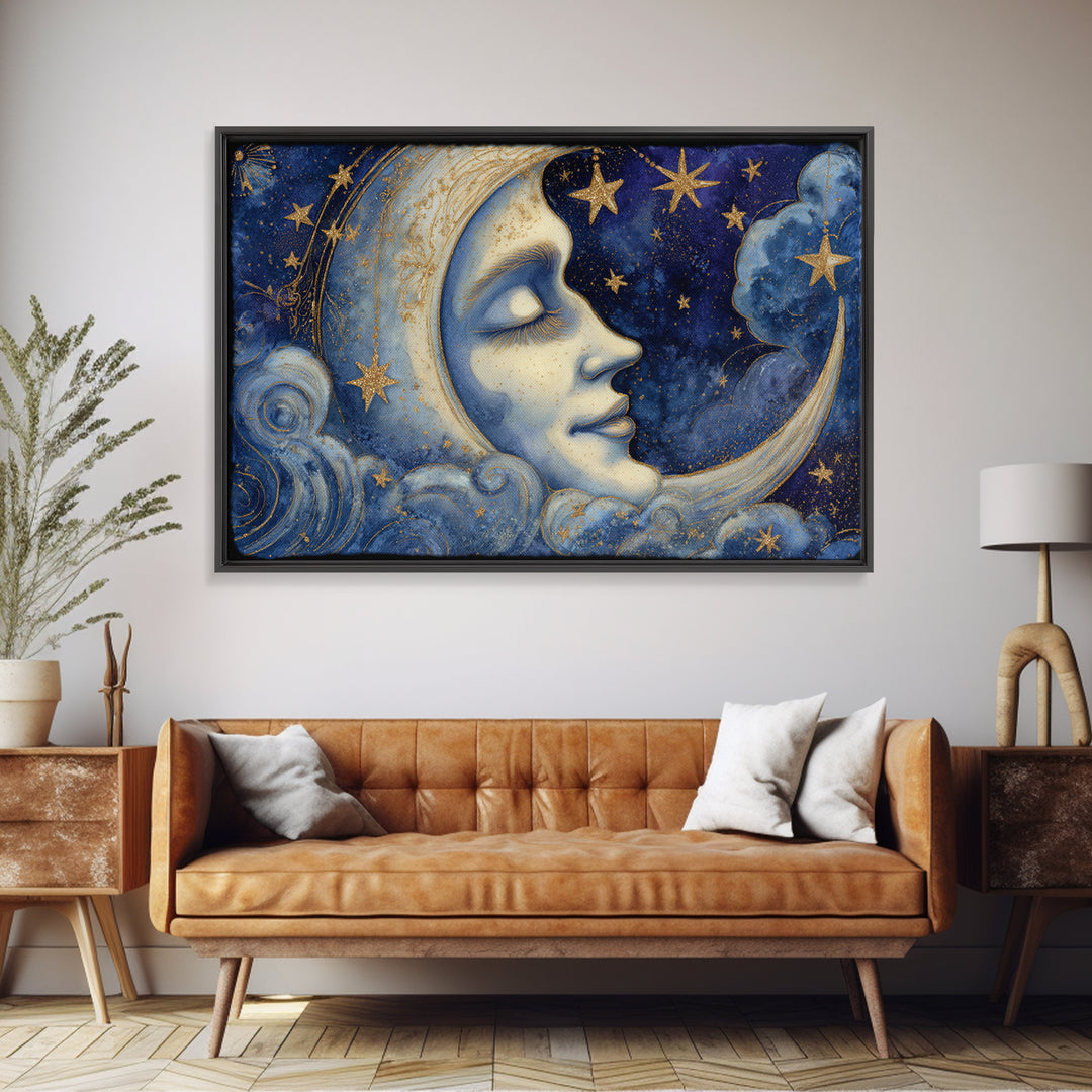 Moon with Sleeping Face and Dangling Stars Canvas Print, Whimsical Art, Nursery Wall Decor, Living Room Decor, Wonder, WHI-3x2-20