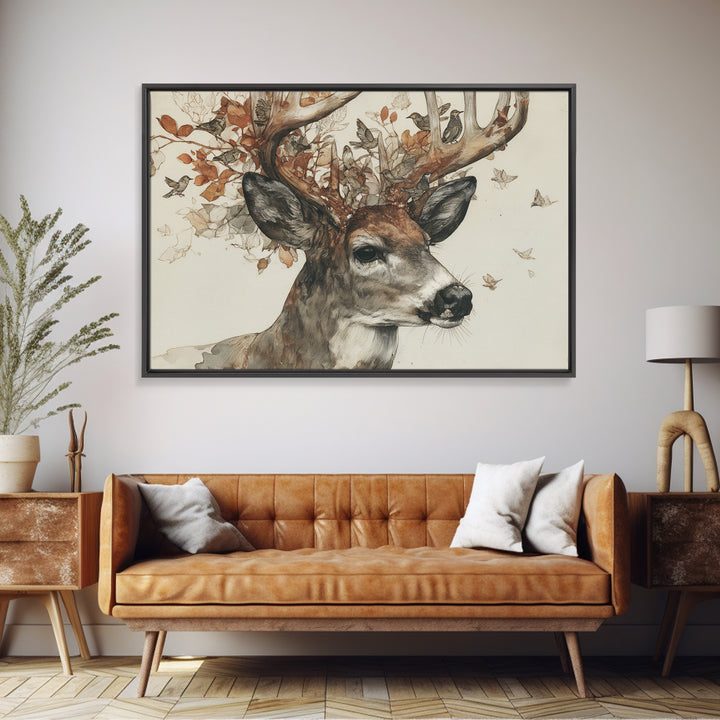 Deer with Antlers Full of Birds Framed Canvas Print, Whimsical Art, Nursery Art, Living Room Decor, Fine Art, Wonder, WHI-3x2-23