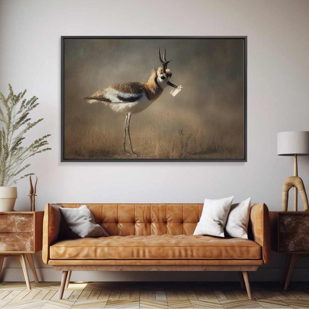 Bird Delivering a Tiny Love Letter Framed Canvas Print, Whimsical Art, Gallery Decor, Living Room Decor, Fine Art, Wonder, WHI-3x2-27