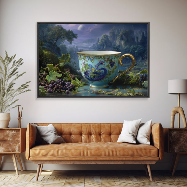 Dragon Curled Around a Teacup Framed Canvas Print, Whimsical Art, Dark Academia Decor, Living Room Decor, Fine Art, Wonder, WHI-3x2-28