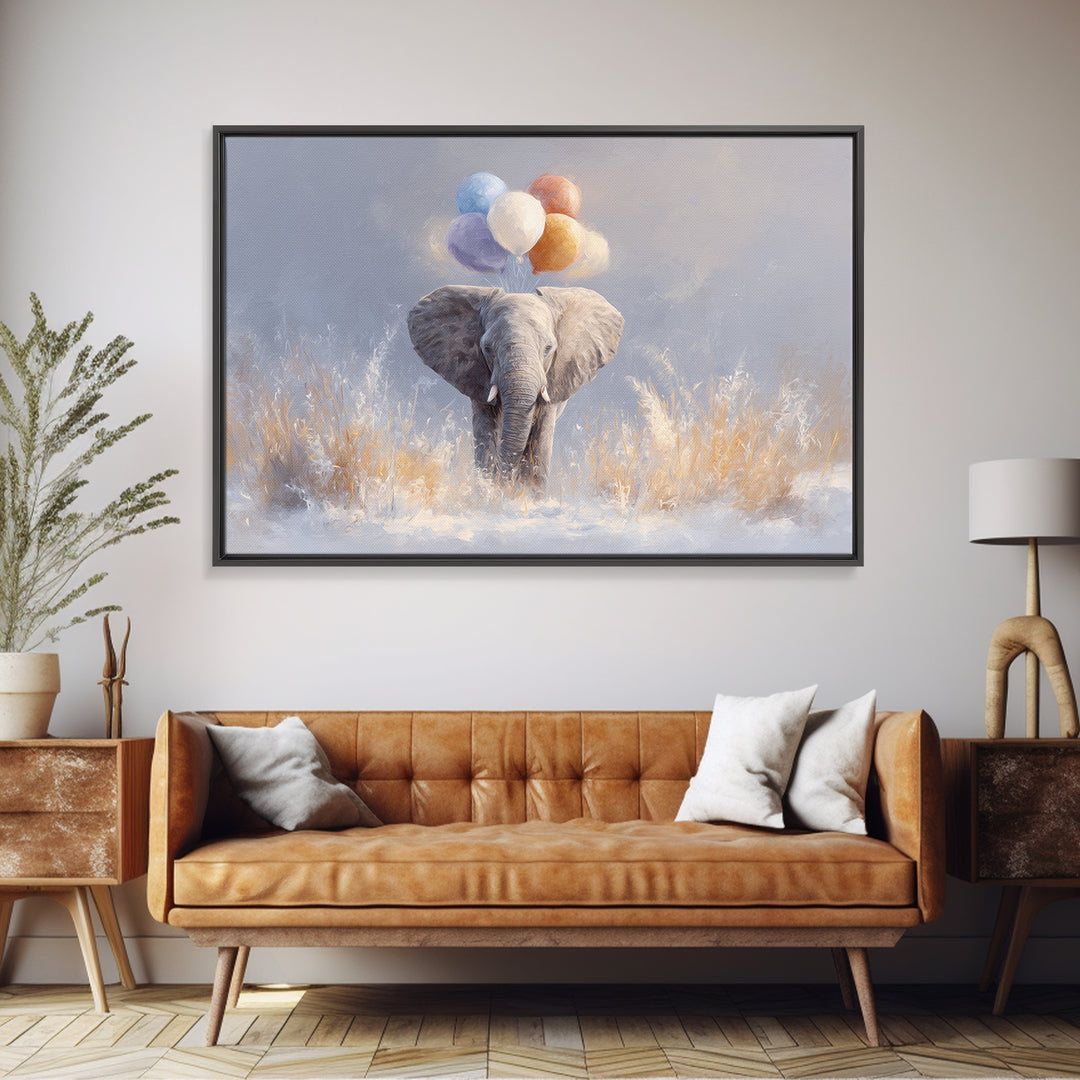 Elephant Holding Balloons Framed Canvas Print, Whimsical Art, Statement Artwork, Living Room Decor, Fine Art, Wonder, WHI-3x2-31