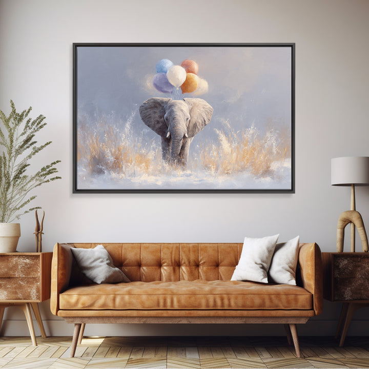 Elephant Holding Balloons Framed Canvas Print, Whimsical Art, Statement Artwork, Living Room Decor, Fine Art, Wonder, WHI-3x2-31