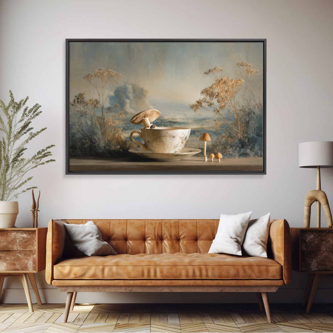 Teacup Garden with Tiny Mushrooms Canvas Print, Whimsical Art, Nursery Art, Living Room Decor, Oil Painting, Wonder, WHI-3x2-32