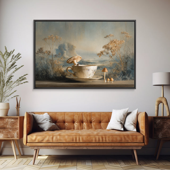 Teacup Garden with Tiny Mushrooms Canvas Print, Whimsical Art, Nursery Art, Living Room Decor, Oil Painting, Wonder, WHI-3x2-32