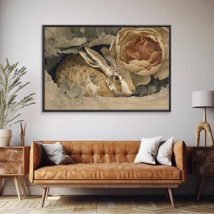 Rabbit Reading Beneath a Giant Flower Canvas Print, Whimsical Art, Cat Art, Living Room Decor, Watercolor Art, Wonder, WHI-3x2-33