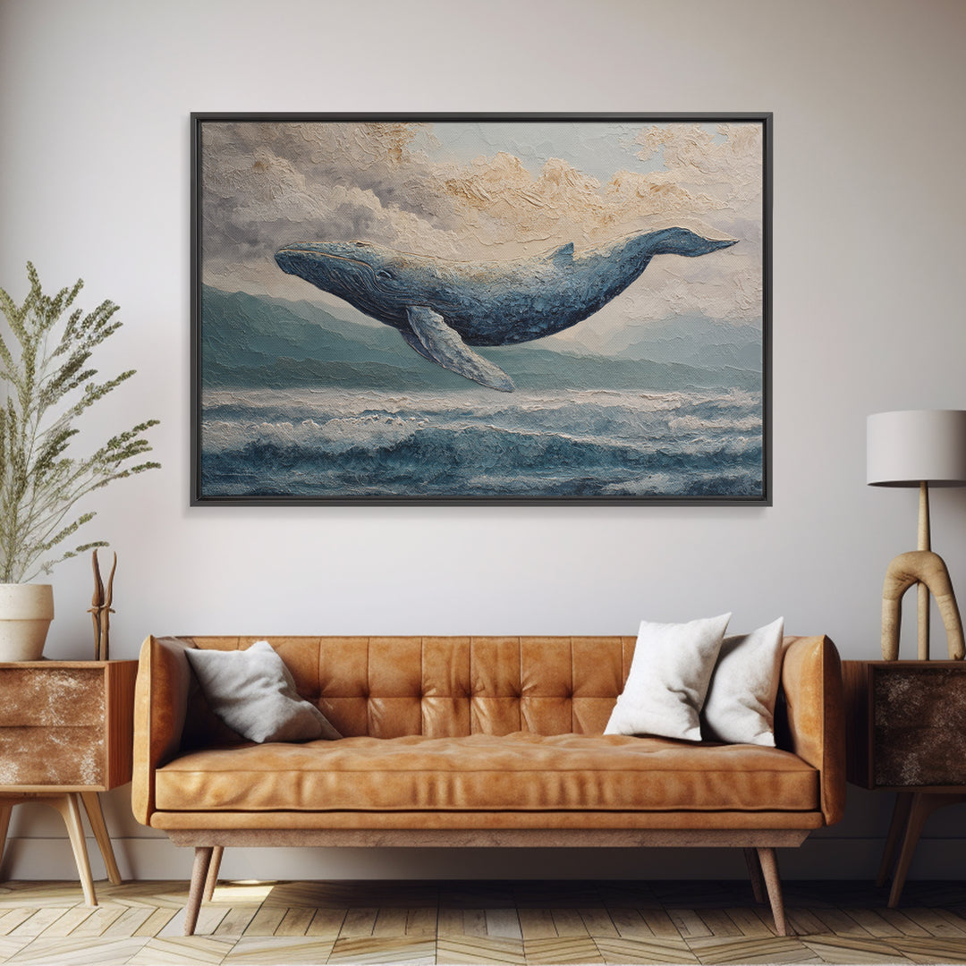 Whale Flying Through Clouds Like Ocean Framed Canvas Print, Whimsical Art, Watercolor Art, Living Room Decor, Wonder, WHI-3x2-41
