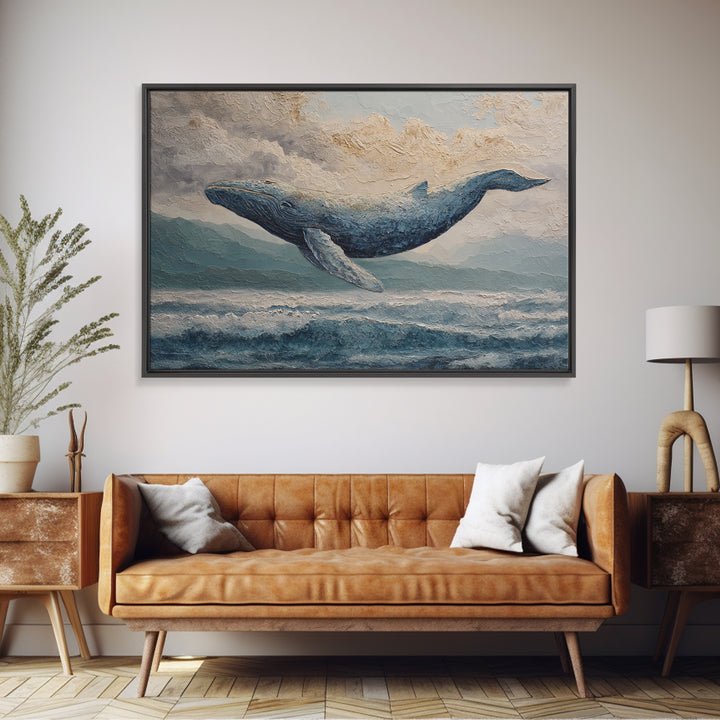 Whale Flying Through Clouds Like Ocean Framed Canvas Print, Whimsical Art, Watercolor Art, Living Room Decor, Wonder, WHI-3x2-41