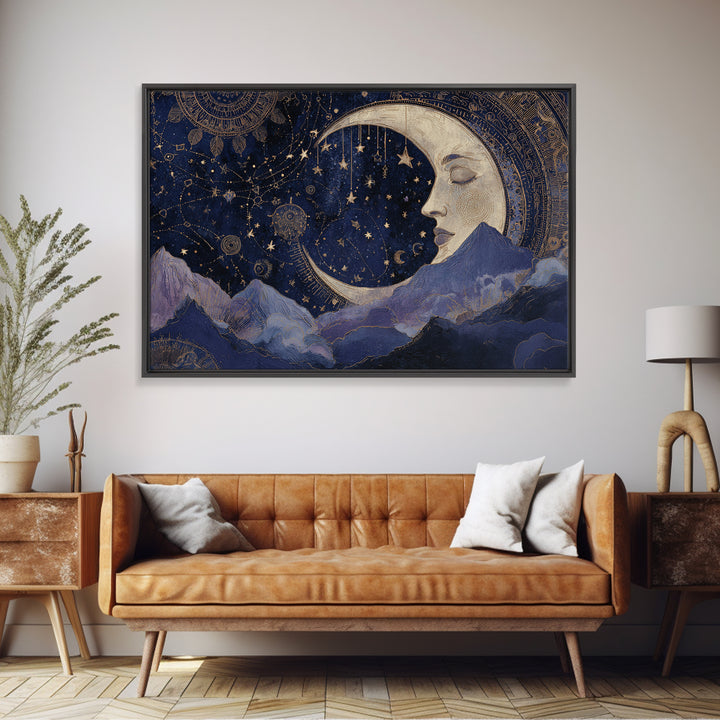 Moon with Sleeping Face and Dangling Stars Canvas Print, Whimsical Art, Watercolor Art, Living Room Decor, Fine Art, Wonder, WHI-3x2-44