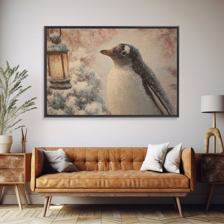 Penguin Holding a Lantern Framed Canvas Print, Whimsical Art, Gallery Decor, Living Room Decor, Fine Art, Wonder, Wall Art, WHI-3x2-45