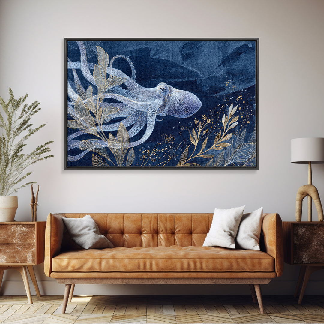 Octopus Conductor with Tiny Instruments Framed Canvas Print, Whimsical Art, Dark Academia Decor, Living Room Decor, Wonder, WHI-3x2-46