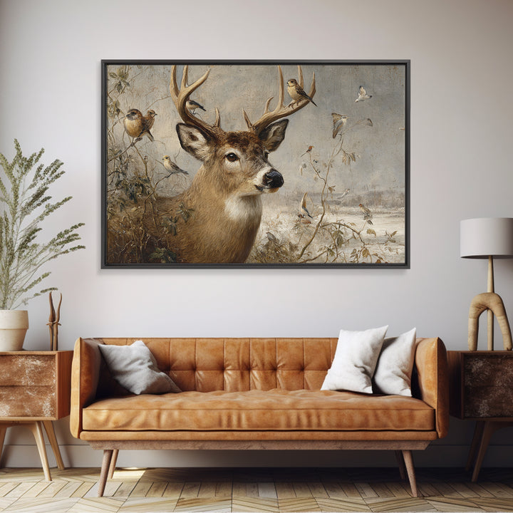 Deer with Antlers Full of Birds Framed Canvas Print, Whimsical Art, Printable Wall Art, Living Room Decor, Oil Painting, Wonder, WHI-3x2-47