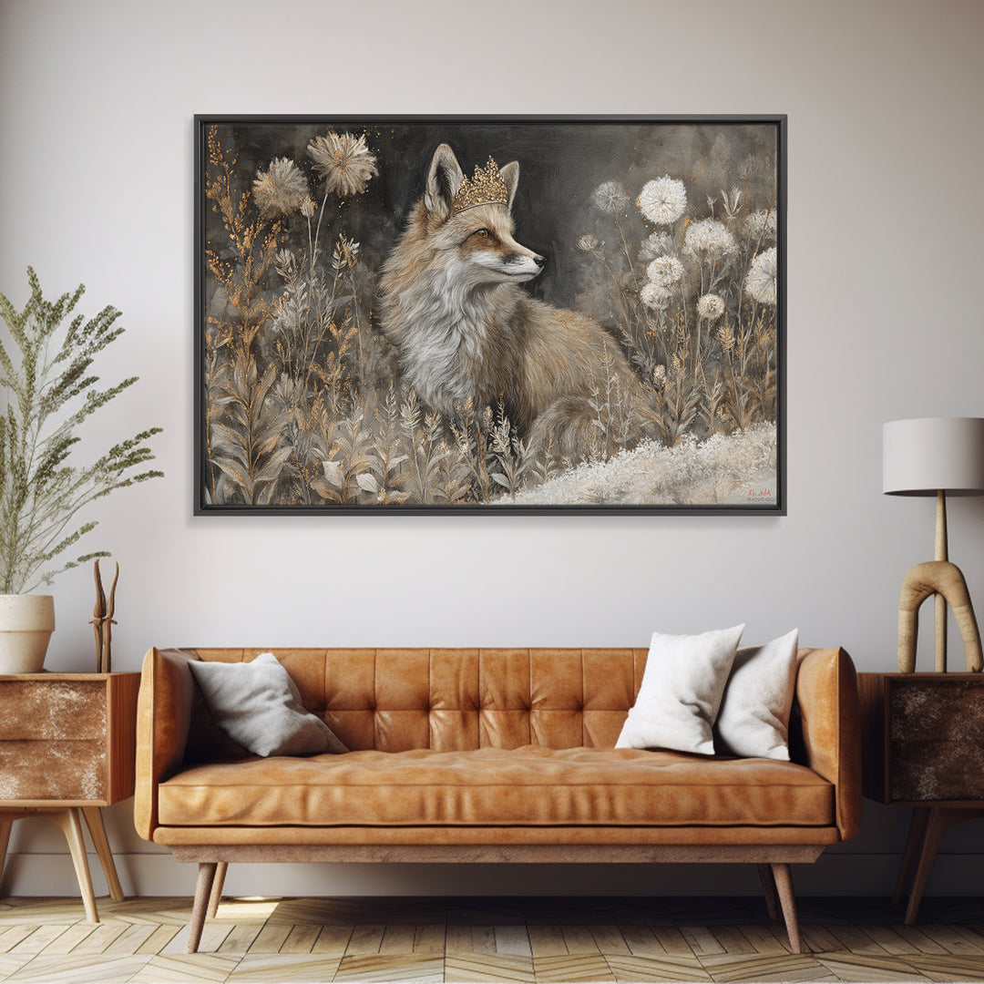 Fox Wearing a Tiny Crown Framed Canvas Print, Whimsical Art, Nursery Art, Living Room Decor, Oil Painting, Wonder, WHI-3x2-5