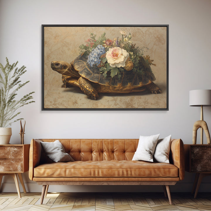 Turtle with Garden Growing on Shell Framed Canvas Print, Whimsical Art, Dopamine Decor, Living Room Decor, Fine Art, Wonder, WHI-3x2-50