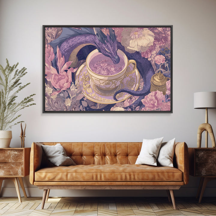 Dragon Curled Around a Teacup Canvas Print, Whimsical Art, Bird Art, Living Room Decor, Abstract Art, Wonder, Textured Painting, WHI-3x2-52