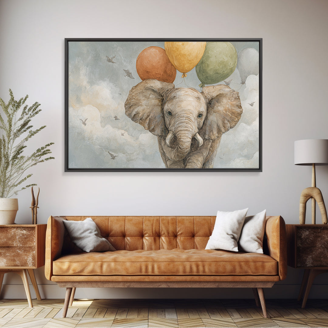 Elephant Holding Balloons Framed Canvas Print, Whimsical Art, Whimsical, Living Room Decor, Oil Painting, Wonder, Nursery Art, WHI-3x2-55