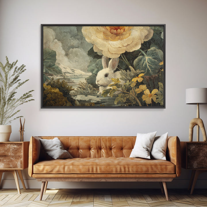Rabbit Reading Beneath a Giant Flower Canvas Print, Whimsical Art, Cat Art, Living Room Decor, Watercolor Art, Wonder, WHI-3x2-57