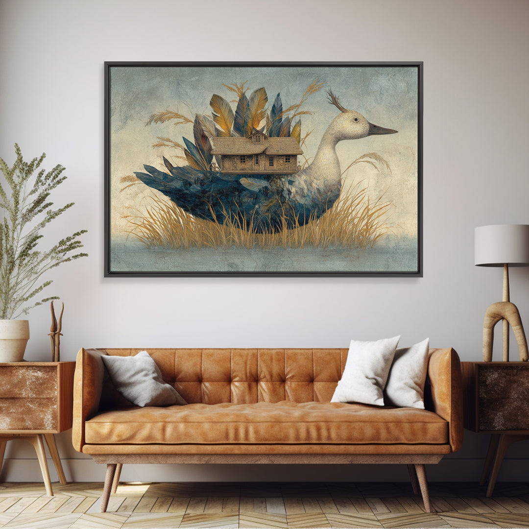 Floating House Carried by Colorful Birds Framed Canvas Print, Whimsical Art, Living Room Decor, Oil Painting, Wonder, WHI-3x2-59
