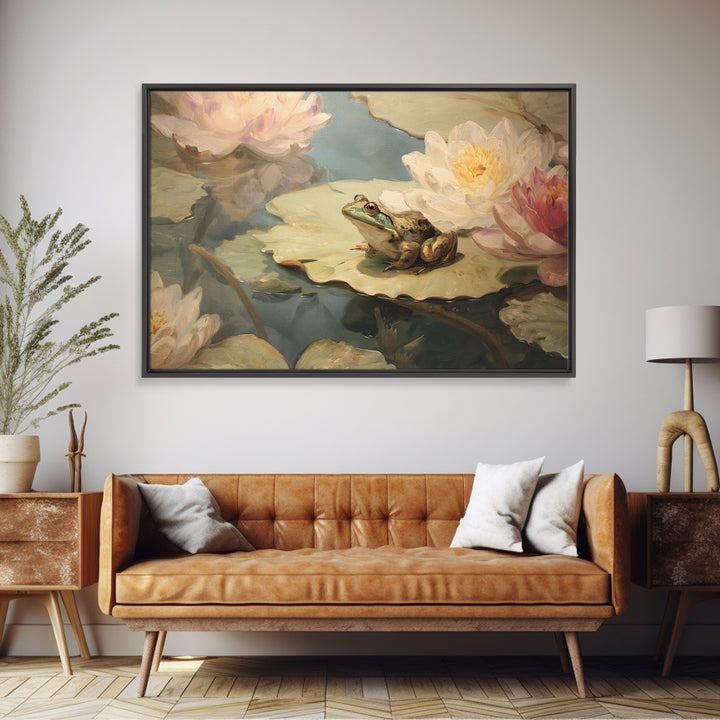 Frog Prince on a Lily Pad Framed Canvas Print, Whimsical Art, Textured Painting, Living Room Decor, Fine Art, Wonder, WHI-3x2-60