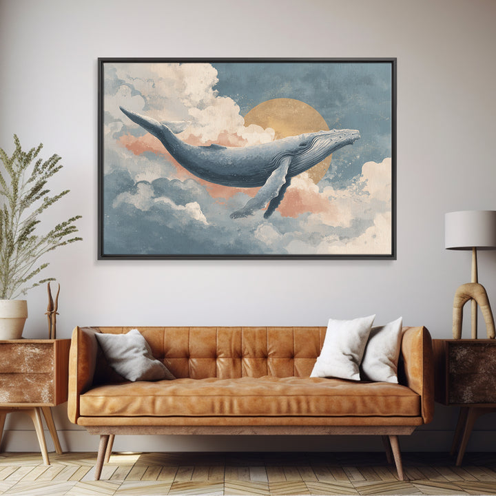 Whale Flying Through Clouds Like Ocean Framed Canvas Print, Whimsical Art, Watercolor Art, Living Room Decor, Wonder, WHI-3x2-65