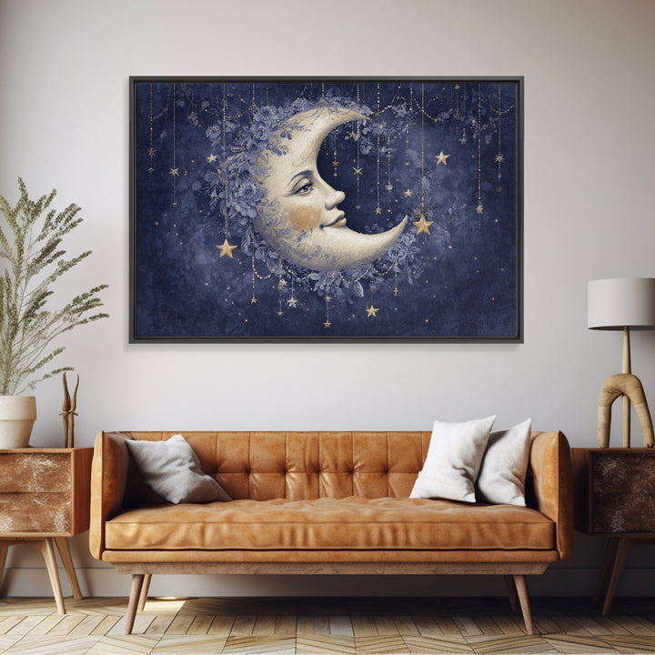 Moon with Sleeping Face and Dangling Stars Canvas Print, Whimsical Art, Minimalist Decor, Living Room Decor, Fine Art, Wonder, WHI-3x2-68