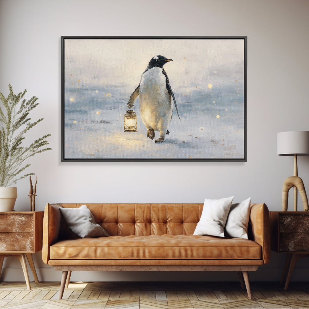 Penguin Holding a Lantern Framed Canvas Print, Whimsical Art, Gallery Decor, Living Room Decor, Fine Art, Wonder, Wall Art, WHI-3x2-69