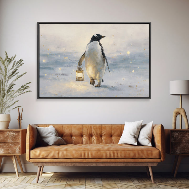Penguin Holding a Lantern Framed Canvas Print, Whimsical Art, Gallery Decor, Living Room Decor, Fine Art, Wonder, Wall Art, WHI-3x2-69