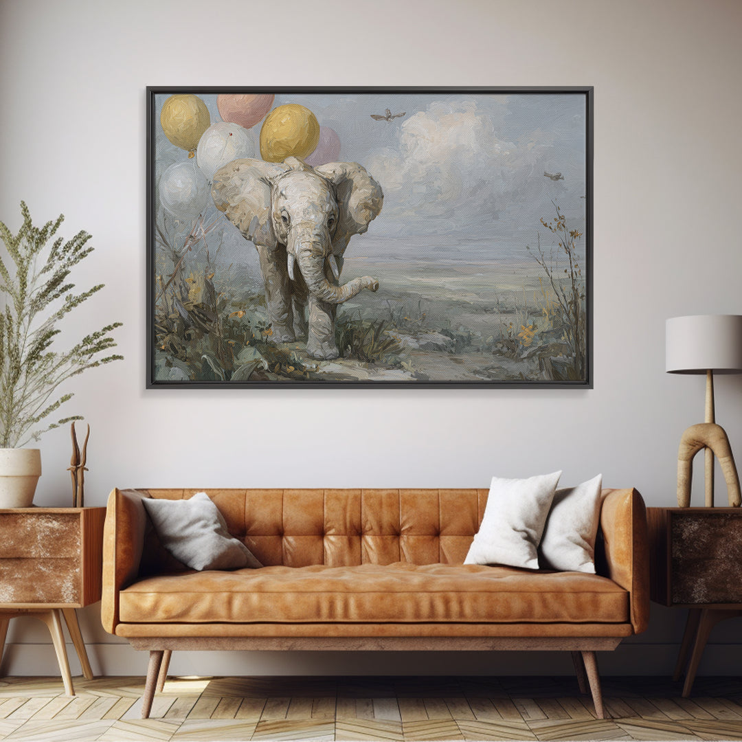 Elephant Holding Balloons Framed Canvas Print, Whimsical Art, Art Nouveau, Living Room Decor, Abstract Art, Wonder, WHI-3x2-7