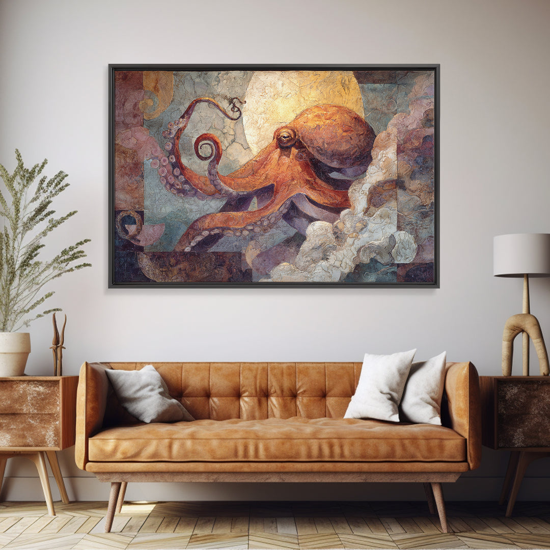 Octopus Conductor with Tiny Instruments Framed Canvas Print, Whimsical Art, Dark Academia Decor, Living Room Decor, Wonder, WHI-3x2-70