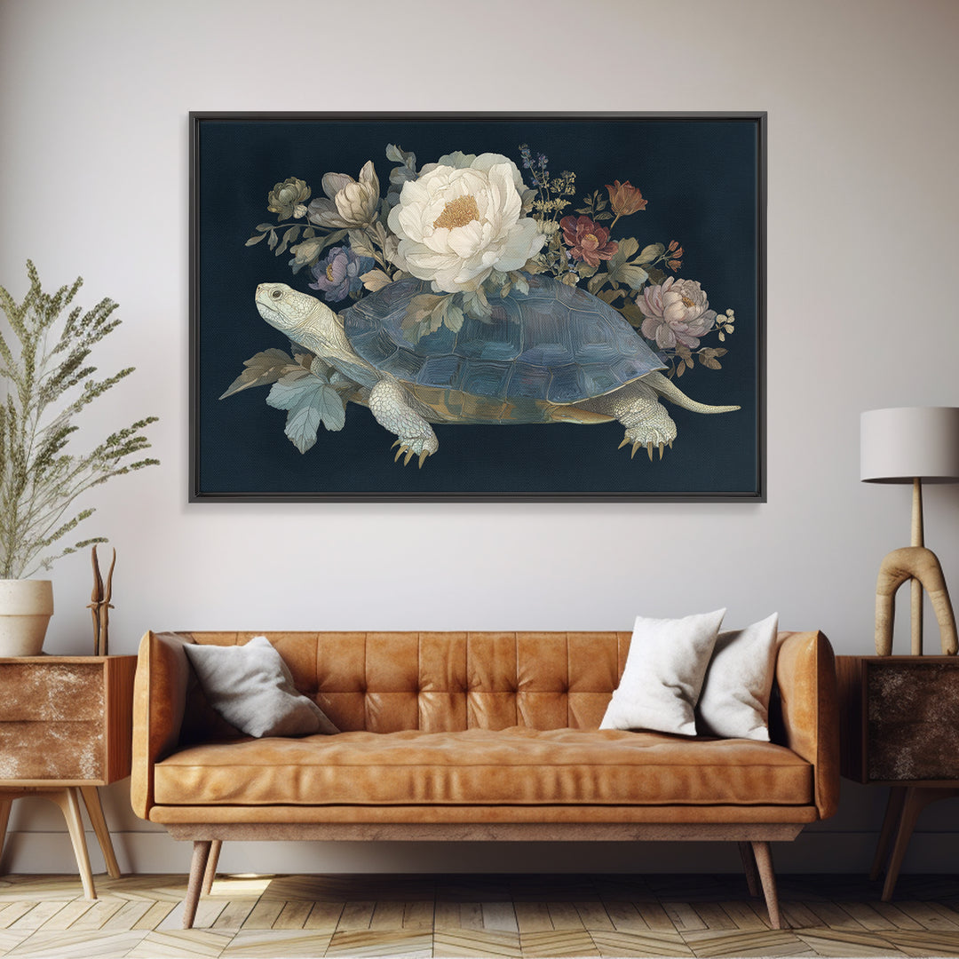 Turtle with Garden Growing on Shell Framed Canvas Print, Whimsical Art, Dopamine Decor, Living Room Decor, Fine Art, Wonder, WHI-3x2-74