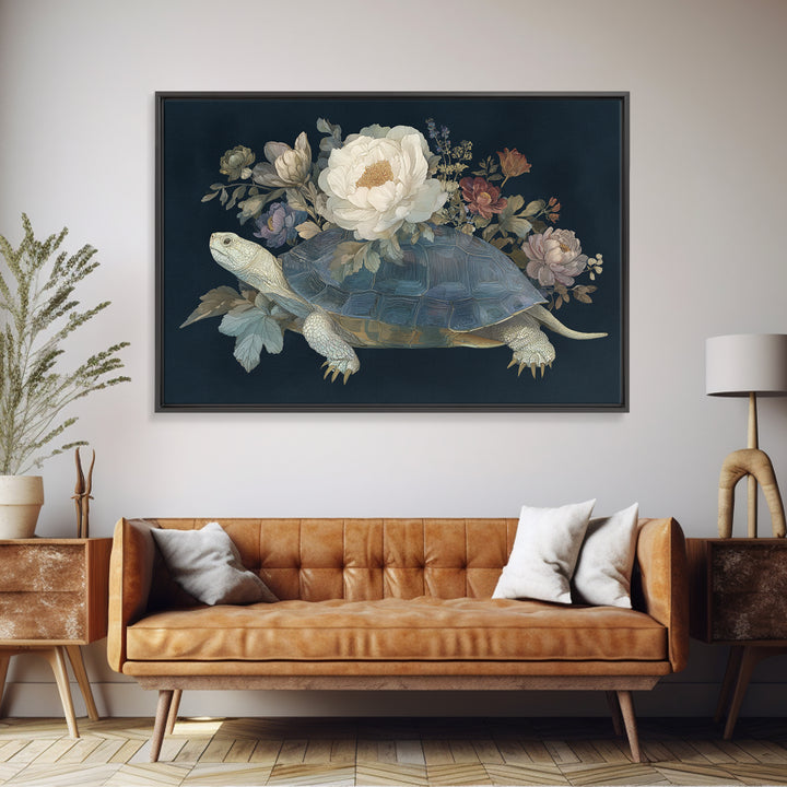 Turtle with Garden Growing on Shell Framed Canvas Print, Whimsical Art, Dopamine Decor, Living Room Decor, Fine Art, Wonder, WHI-3x2-74