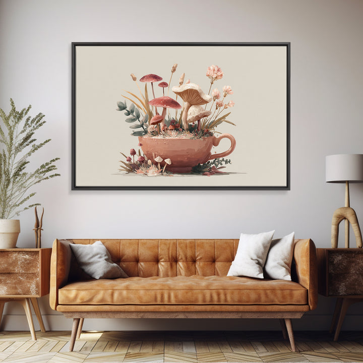Teacup Garden with Tiny Mushrooms Framed Canvas Print, Whimsical Art, Dopamine Decor, Living Room Decor, Fine Art, Wonder, WHI-3x2-8