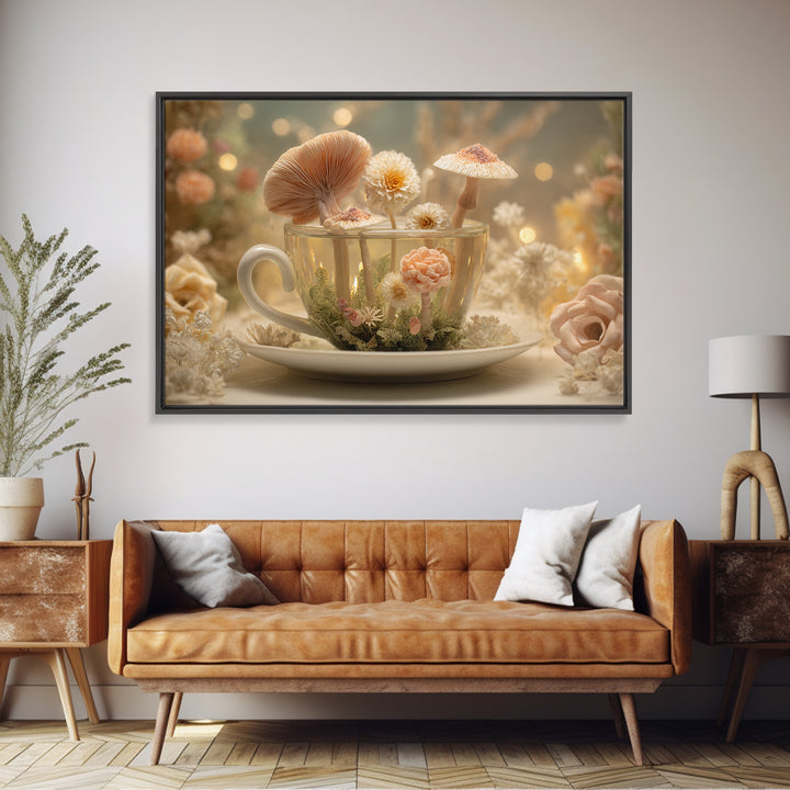 Teacup Garden with Tiny Mushrooms Framed Canvas Print, Whimsical Art, Home Decor, Living Room Decor, Fine Art, Wonder, WHI-3x2-80