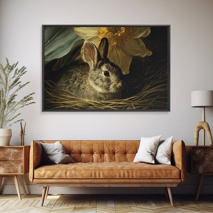 Rabbit Reading Beneath a Giant Flower Framed Canvas Print, Whimsical Art, Fine Art Print, Living Room Decor, Watercolor Art, WHI-3x2-81