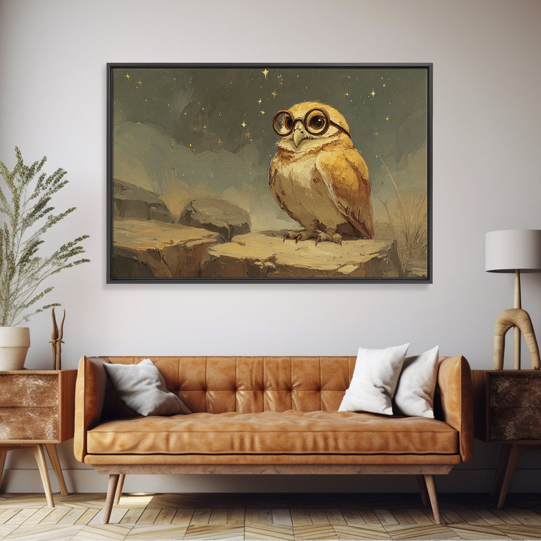 Owl Wearing Spectacles Among Stars Framed Canvas Print, Whimsical Art, Nursery Prints, Living Room Decor, Oil Painting, Wonder, WHI-3x2-82