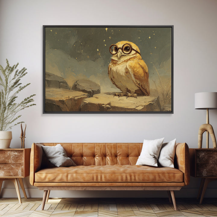 Owl Wearing Spectacles Among Stars Framed Canvas Print, Whimsical Art, Nursery Prints, Living Room Decor, Oil Painting, Wonder, WHI-3x2-82
