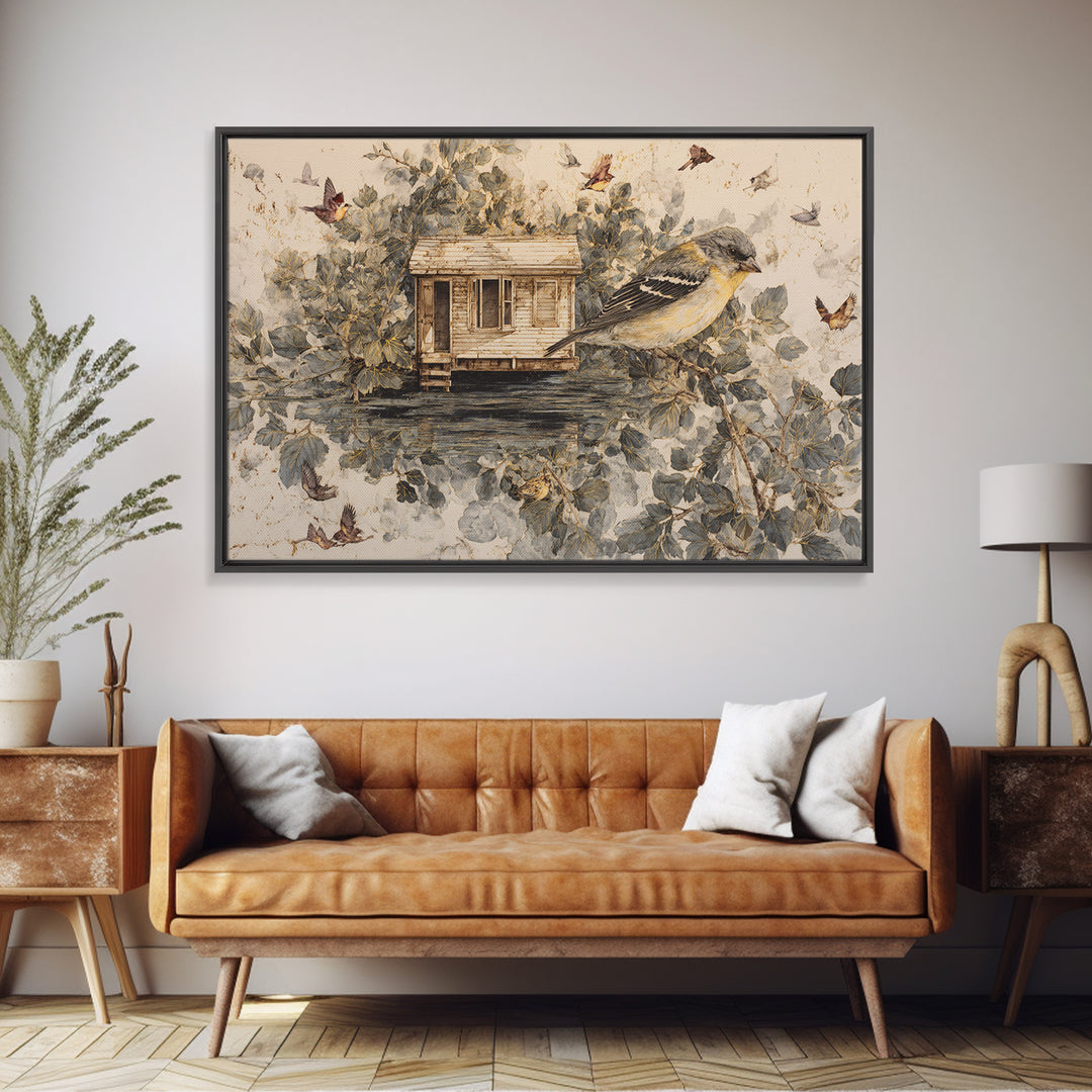 Floating House Carried by Colorful Birds Canvas Print, Whimsical Art, Framed Wall Art, Living Room Decor, Fine Art, Wonder, WHI-3x2-83