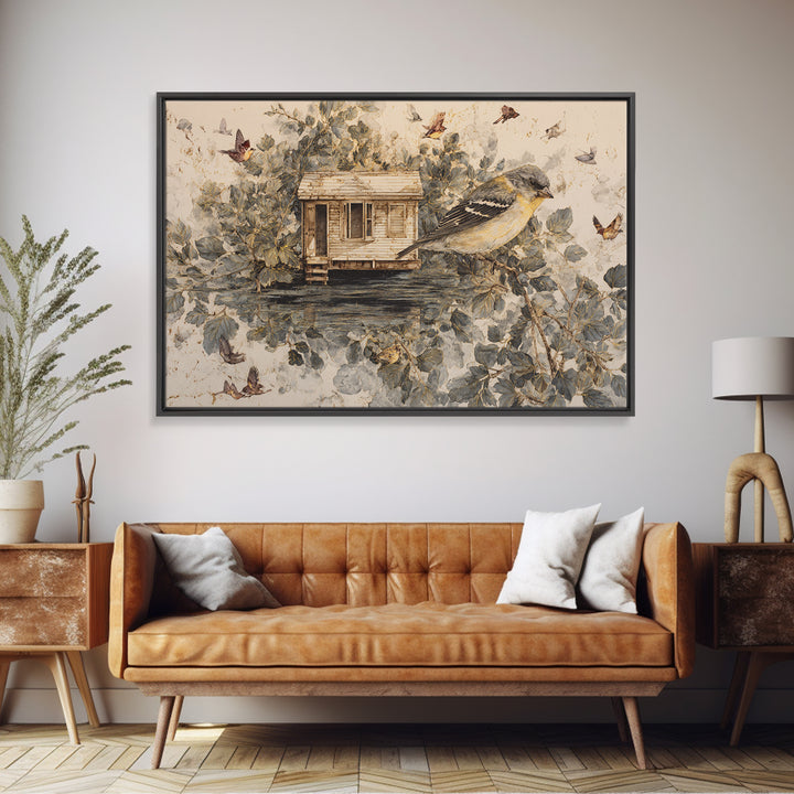 Floating House Carried by Colorful Birds Canvas Print, Whimsical Art, Framed Wall Art, Living Room Decor, Fine Art, Wonder, WHI-3x2-83