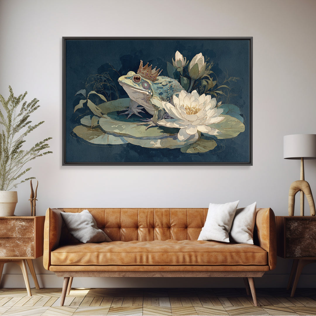 Frog Prince on a Lily Pad Canvas Print, Whimsical Art, Wall Decor, Living Room Decor, Fine Art, Wonder, Printable Art, WHI-3x2-84