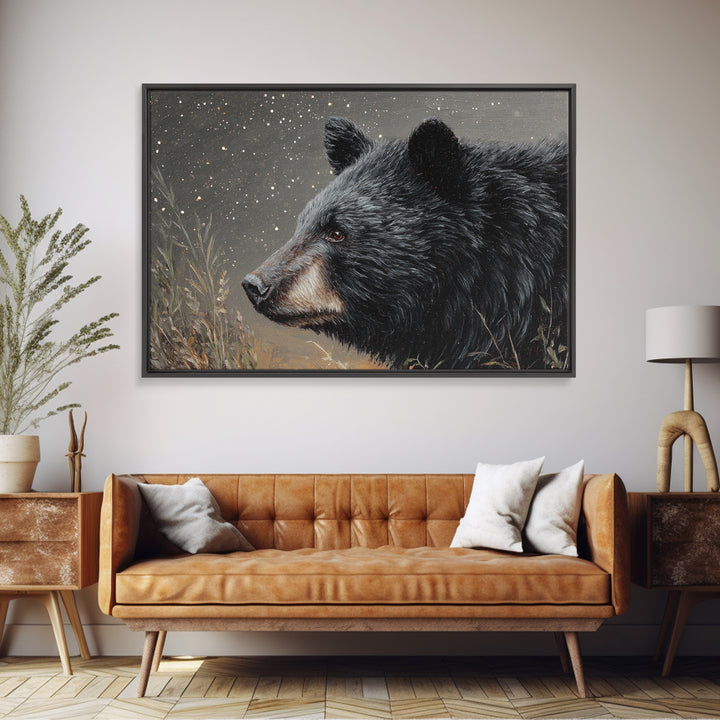 Bear Painting Stars Onto the Night Sky Framed Canvas Print, Whimsical Art, Statement Artwork, Living Room Decor, Wonder, WHI-3x2-85
