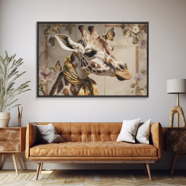 Giraffe with Scarf and Butterflies Framed Canvas Print, Whimsical Art, Nursery Wall Decor, Living Room Decor, Fine Art, Wonder, WHI-3x2-86