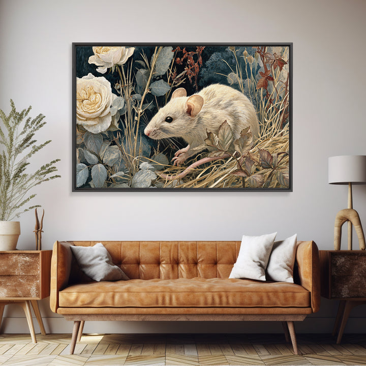 Mouse Ballerina in a Rose Garden Framed Canvas Print, Whimsical Art, Wall Decor, Living Room Decor, Fine Art, Wonder, WHI-3x2-87