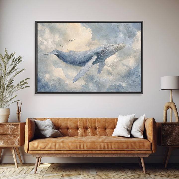 Whale Flying Through Clouds Like Ocean Canvas Print, Whimsical Art, Boho Decor, Living Room Decor, Wonder, Digital Art, WHI-3x2-89