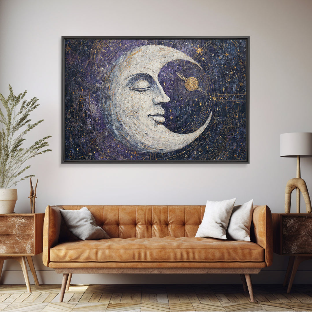 Moon with Sleeping Face and Dangling Stars Framed Canvas Print, Whimsical Art, Art Print, Living Room Decor, Fine Art, Wonder, WHI-3x2-92