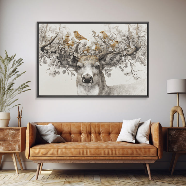 Deer with Antlers Full of Birds Framed Canvas Print, Whimsical Art, Original Art, Living Room Decor, Fine Art, Wonder, WHI-3x2-95