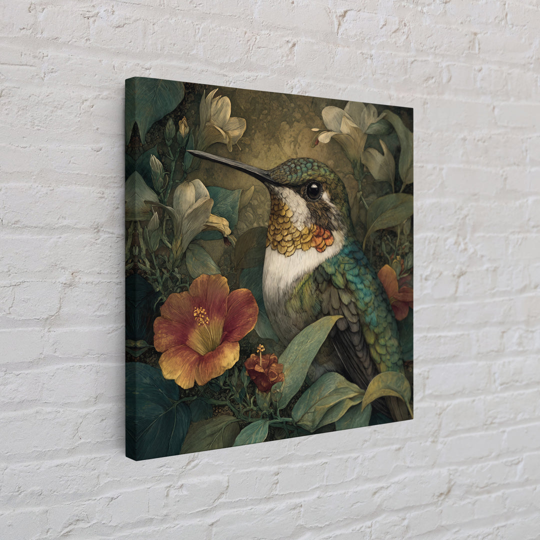 Hummingbird Beside Bright Flowers Framed Canvas Print, Wildlife Art, Canvas Print, Living Room Decor, Fine Art, Wild, WIL-1x1-16