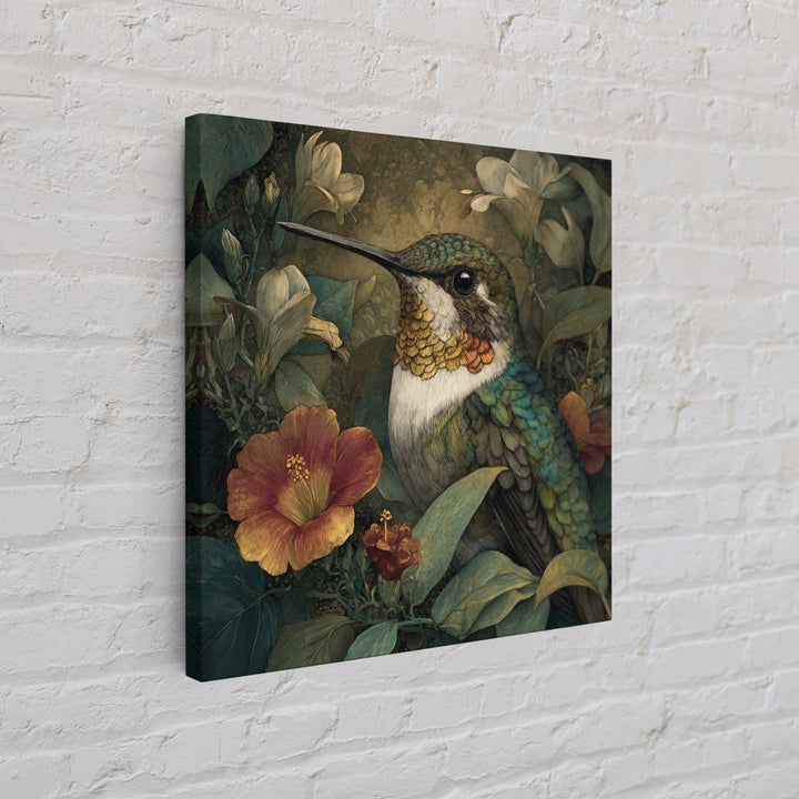 Hummingbird Beside Bright Flowers Framed Canvas Print, Wildlife Art, Canvas Print, Living Room Decor, Fine Art, Wild, WIL-1x1-16