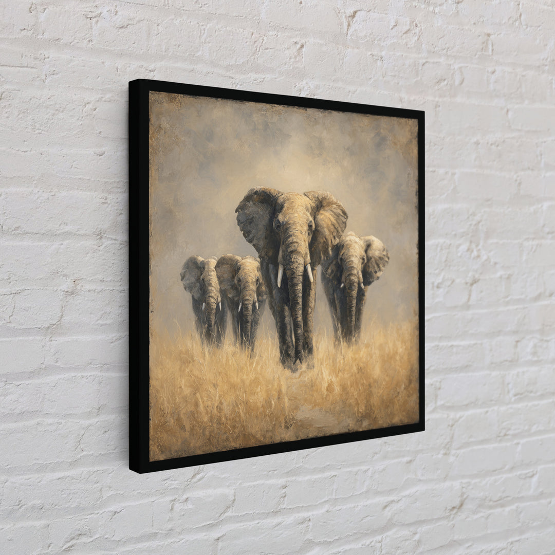 Elephant Herd Walking Through Dusty Sunset Framed Canvas Print, Wildlife Art, Bedroom Wall Art, Living Room Decor, Wild, WIL-1x1-2