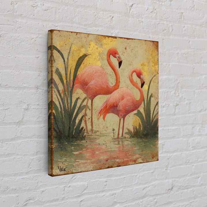 Flamingos in Pink Shallow Water Canvas Print, Wildlife Art, Bird Art, Living Room Decor, Oil Painting, Wild, Original Artwork, WIL-1x1-22