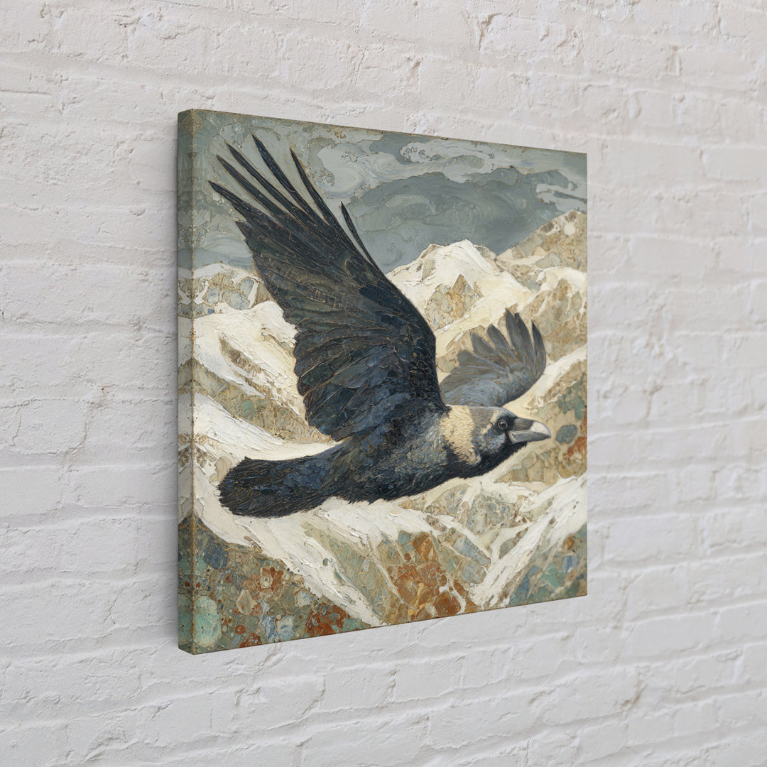Raven Flying Through Snowy Mountains Framed Canvas Print, Wildlife Art, Living Room Art, Living Room Decor, Fine Art, Wild, WIL-1x1-24