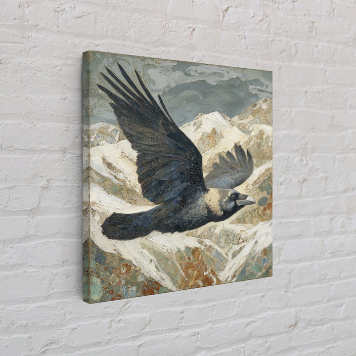 Raven Flying Through Snowy Mountains Framed Canvas Print, Wildlife Art, Living Room Art, Living Room Decor, Fine Art, Wild, WIL-1x1-24